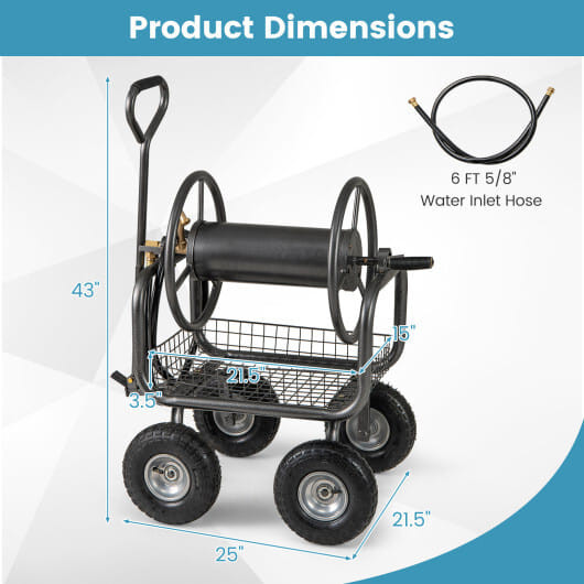Garden Hose Reel Cart 300 Feet Large Capacity with 4 Wheels and Storage Basket-Gray B593-GT4302