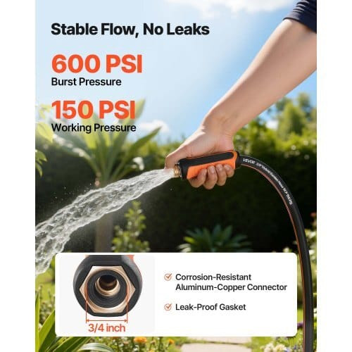 Garden Hose, 50 ft 5/8" Heavy Duty 4-Layer Rubber Water Hose, 150PSI Working & 600PSI Burst, Flexib E415-HHJHWTYRG50F8WX8T001V0