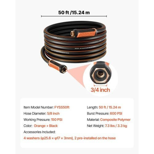 Garden Hose, 50 ft 5/8" Heavy Duty 4-Layer Rubber Water Hose, 150PSI Working & 600PSI Burst, Flexib E415-HHJHWTYRG50F8WX8T001V0