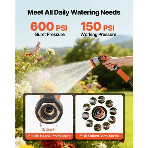 Garden Hose, 200 ft 5/8" Heavy Duty Rubber Water Hose with 10 Mode Nozzle, 150PSI Working & 600PSI  E415-HHJHWTYRG200FPWSU001V0