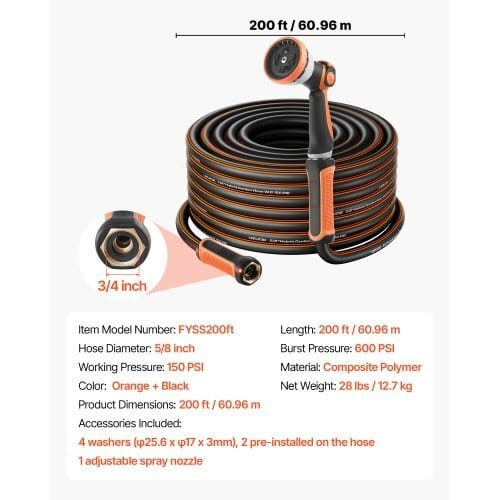 Garden Hose, 200 ft 5/8" Heavy Duty Rubber Water Hose with 10 Mode Nozzle, 150PSI Working & 600PSI  E415-HHJHWTYRG200FPWSU001V0
