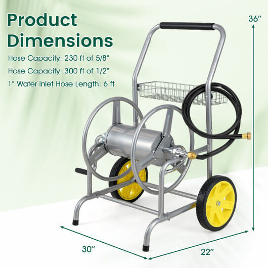 Garden Hose Reel Cart with 2 Wheels and Storage Basket-Silver - Color: Silver D681-GT4365SL