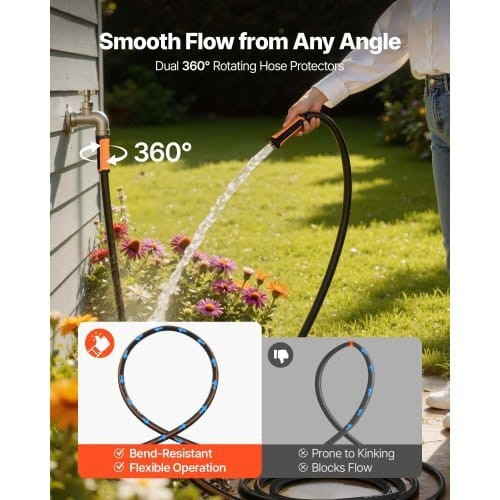 Garden Hose, 25 ft 5/8" Heavy Duty 4-Layer Rubber Water Hose, 150PSI Working & 600PSI Burst, Flexib E415-HHJHWTYRG25FZH23C001V0