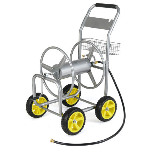 Garden Hose Reel Cart Metal Hose Cart with 4 Wheels and Storage Basket-Silver - Color: Silver D681-GT4364SL