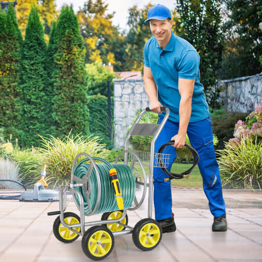 Garden Hose Reel Cart Metal Hose Cart with 4 Wheels and Storage Basket-Silver - Color: Silver D681-GT4364SL