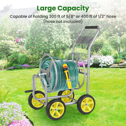 Garden Hose Reel Cart Metal Hose Cart with 4 Wheels and Storage Basket-Silver - Color: Silver D681-GT4364SL