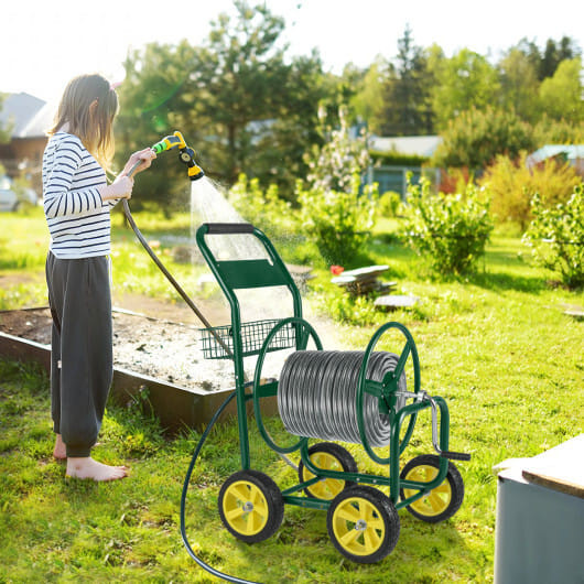 Garden Hose Reel Cart Metal Hose Cart with 4 Wheels and Storage Basket-Green - Color: Green D681-GT4364GN