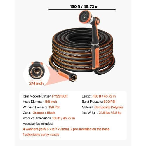 Garden Hose, 150 ft 5/8" Heavy Duty Rubber Water Hose with 10 Mode Nozzle, 150PSI Working & 600PSI  E415-HHJHWTYRG150K2VDH001V0