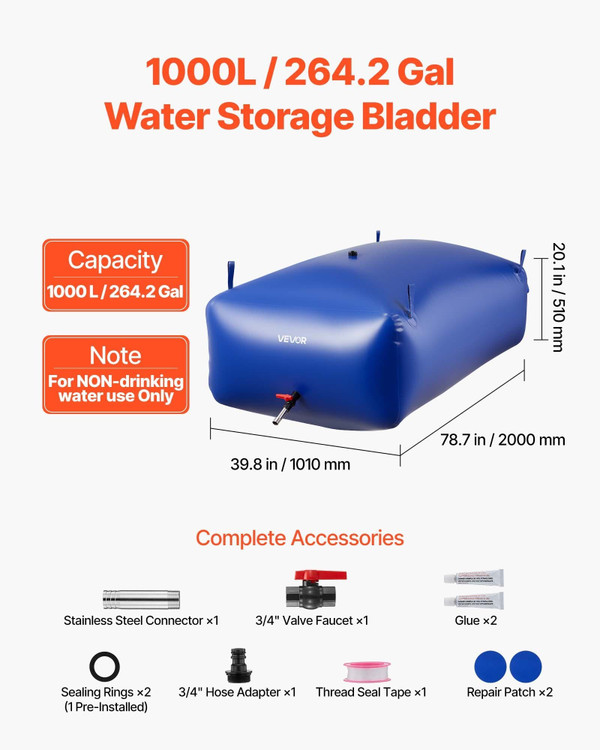 Water Storage Bladder 264.2 Gallon Large Capacity Water Bag, Portable & Collapsible Soft Waters Con E415-CSDLSPVC1000IHFQW001V0