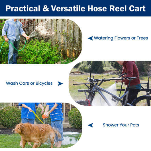 Garden Hose Reel Cart 4 Wheels Heavy-Duty Metal Water Hose Organizer Portable-Blue B593-GT3919
