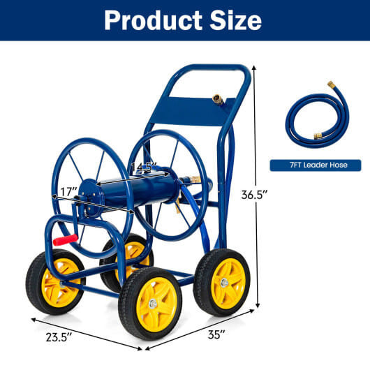 Garden Hose Reel Cart 4 Wheels Heavy-Duty Metal Water Hose Organizer Portable-Blue B593-GT3919