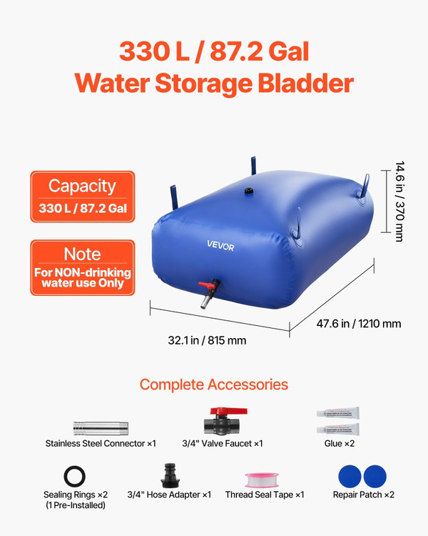 Water Storage Bladder, 87.2 Gal Collapsible Water Storage Bag, Wear-Resistant 1000D PVC Soft Waters E415-CSDLSPVCB330UZUZH003V0
