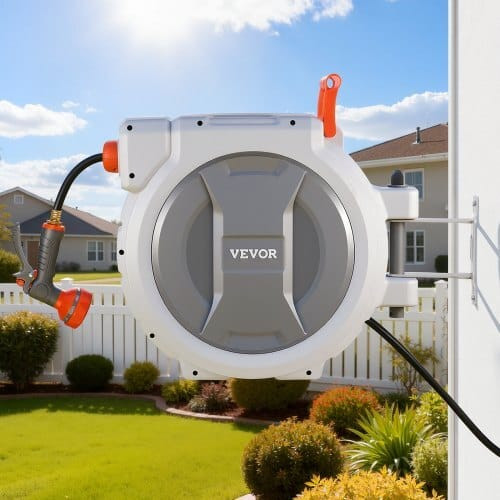 Retractable Garden Hose Reel, 1/2 in x 130 ft, Wall Mounted Hose Reel with 9-Function Sprayer Nozzl E415-KSSJGQSHC2005G74S002V0