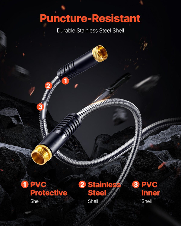 Metal Garden Hose 200 ft, Rust Proof Stainless Steel Water Hose, Heavy Duty Backyard Hose with 10 F E415-JSTYRG200FT0YYG50V0