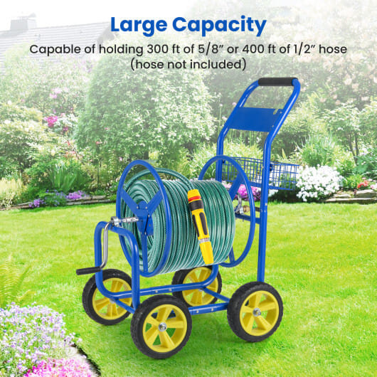 Garden Hose Reel Cart Metal Hose Cart with 4 Wheels and Storage Basket-Blue - Color: Blue D681-GT4364BL