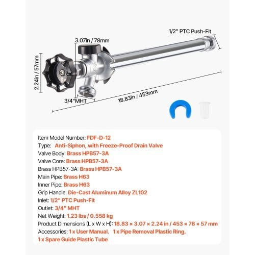 12-Inch Frost-Free Sillcock, 1/2" PTC x 3/4" MHT Hose Bibb, Anti-Siphon Lead-Free Brass Valve, Push E415-FHXWSRGWZ12IPMGPK001V0