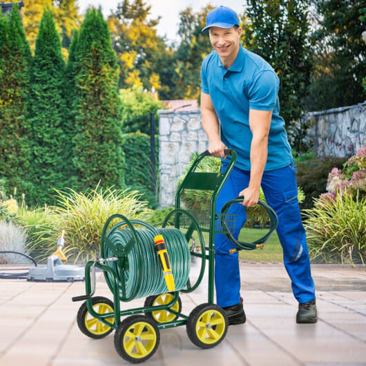 Garden Hose Reel Cart Metal Hose Cart with 4 Wheels and Storage Basket-Green B593-GT4364