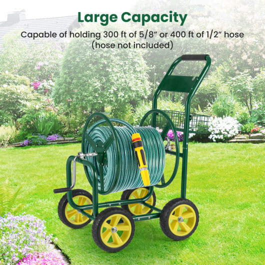 Garden Hose Reel Cart Metal Hose Cart with 4 Wheels and Storage Basket-Green B593-GT4364