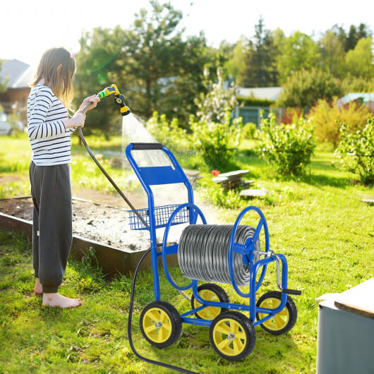 Garden Hose Reel Cart Metal Hose Cart with 4 Wheels and Storage Basket-Green B593-GT4364
