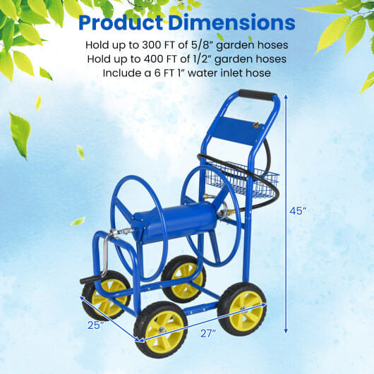 Garden Hose Reel Cart Metal Hose Cart with 4 Wheels and Storage Basket-Green B593-GT4364