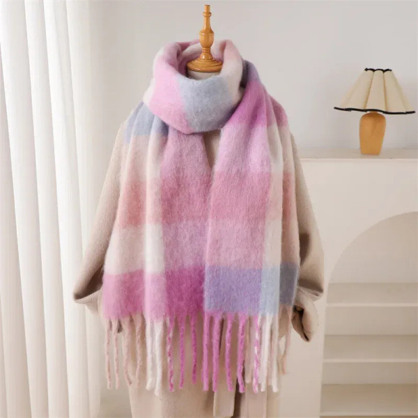 Color: Pink, Size: One Size - 2025 NEW Luxury Cashmere Women Plaid Scarf Winter Warm Shawl and Wrap F640-12000052252425270