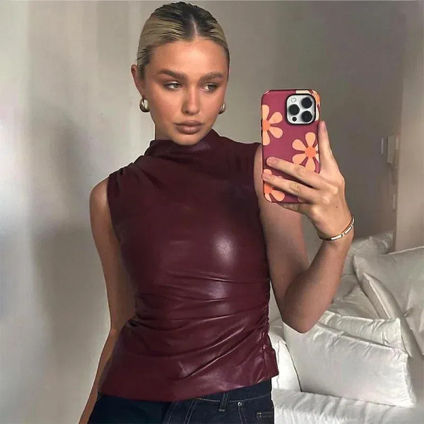 Color: Claret, Size: XXL - Women Y2K Vintage Pu Simple Basic Tank Top High Waist Skinny Shrunk Slas F640-12000046457626237