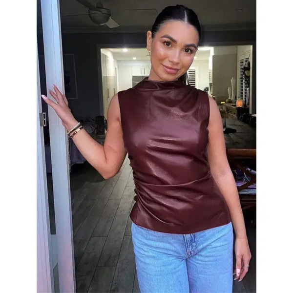 Color: Claret, Size: XXL - Women Y2K Vintage Pu Simple Basic Tank Top High Waist Skinny Shrunk Slas F640-12000046457626237