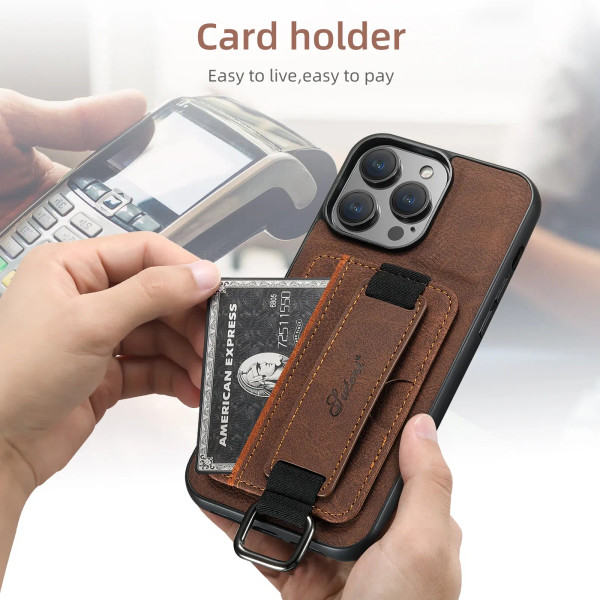Color: Blue, Material: Carbon Fiber - SUTENI Lychee skin print wrist strap card phone case Card hol F640-12000041502386959