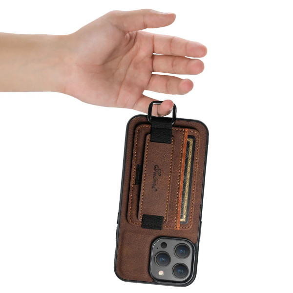 Color: Blue, Material: Carbon Fiber - SUTENI Lychee skin print wrist strap card phone case Card hol F640-12000041502386959