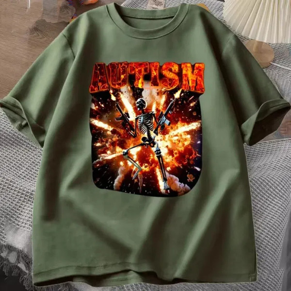 Color: army green, Size: S - Autistic Funny Skeleton T Shirt Women Men Autism Edgy Skeleton Meme T- F640-12000043525936403