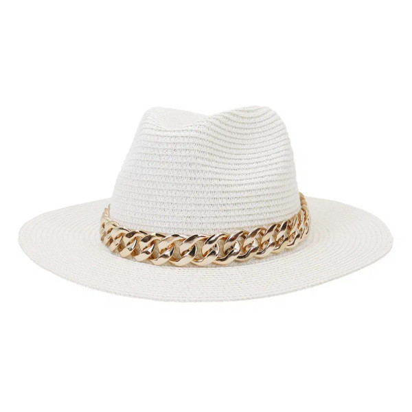 Color: WHITE, Size: L - Fashion Gold Chain Belt Panama Straw Hats For Women Summer Breathable Beach F640-12000029396401453
