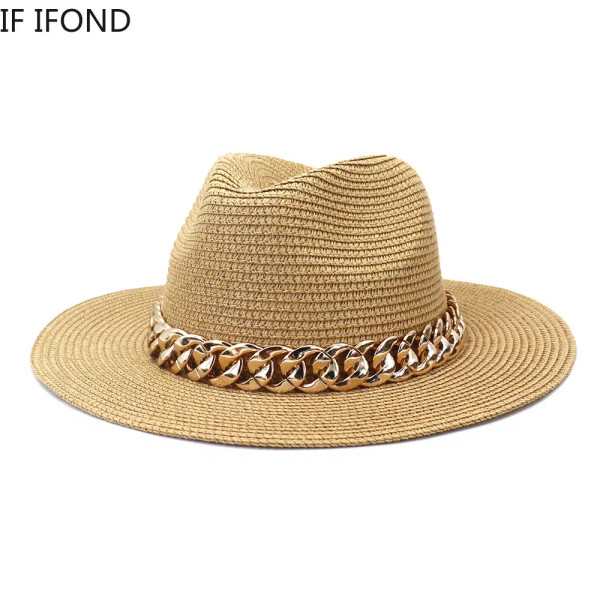 Color: WHITE, Size: L - Fashion Gold Chain Belt Panama Straw Hats For Women Summer Breathable Beach F640-12000029396401453