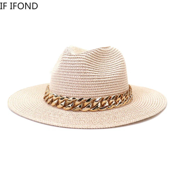 Color: WHITE, Size: L - Fashion Gold Chain Belt Panama Straw Hats For Women Summer Breathable Beach F640-12000029396401453
