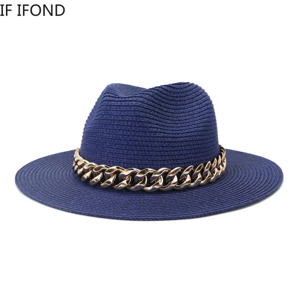 Color: WHITE, Size: L - Fashion Gold Chain Belt Panama Straw Hats For Women Summer Breathable Beach F640-12000029396401453