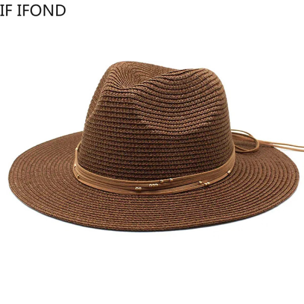 Color: Yellow, Size: L - Big Size 60CM New Straw Hat 7cm Brim Summer Cooling Beach Sun Hat Outdoor  F640-12000031361900233