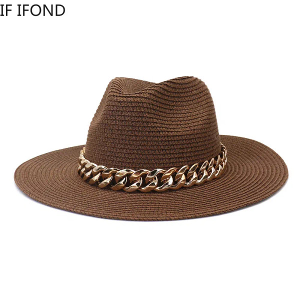 Color: Ivory, Size: M - Fashion Gold Chain Belt Panama Straw Hats For Women Summer Breathable Beach F640-12000026716467909