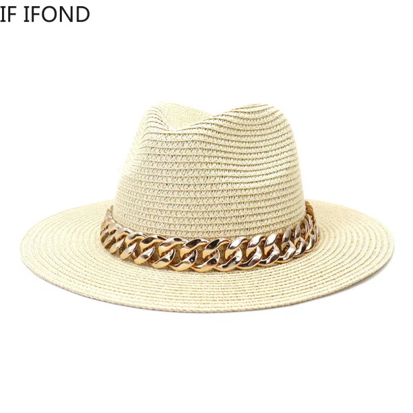 Color: black, Size: L - Fashion Gold Chain Belt Panama Straw Hats For Women Summer Breathable Beach F640-12000029396401454