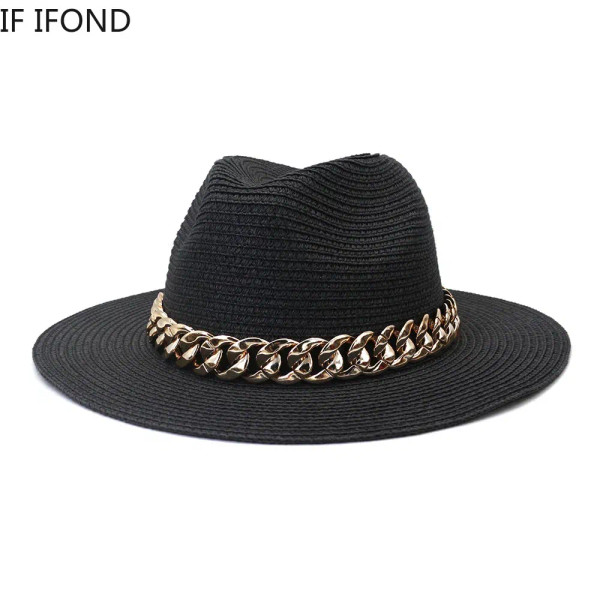 Color: WHITE, Size: M - Fashion Gold Chain Belt Panama Straw Hats For Women Summer Breathable Beach F640-12000026716467903