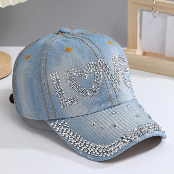 Color: Blue, Size: Adjustable - A Women?™s Sparkle Bling Rhinestone Bejeweled Cotton Denim Baseball F640-12000034698259497