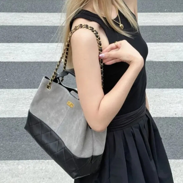 Color: Beige - Ladies' Genuine Leather Bag 2025 Matte Leather Diamond Pattern Vintage Chain Bucket  F640-12000049976361770