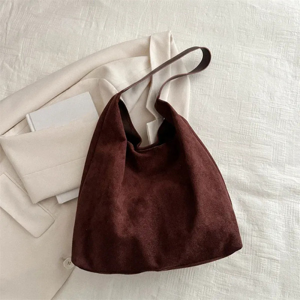 Color: Blue - Vintage Women's Bag Large Capacity Suede Shoulder Bag Solid Color Simple Design Casua F640-12000042745579270