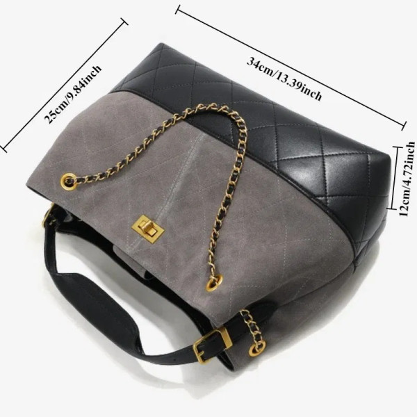 Color: Brown - Ladies' Genuine Leather Bag 2025 Matte Leather Diamond Pattern Vintage Chain Bucket  F640-12000049976361769
