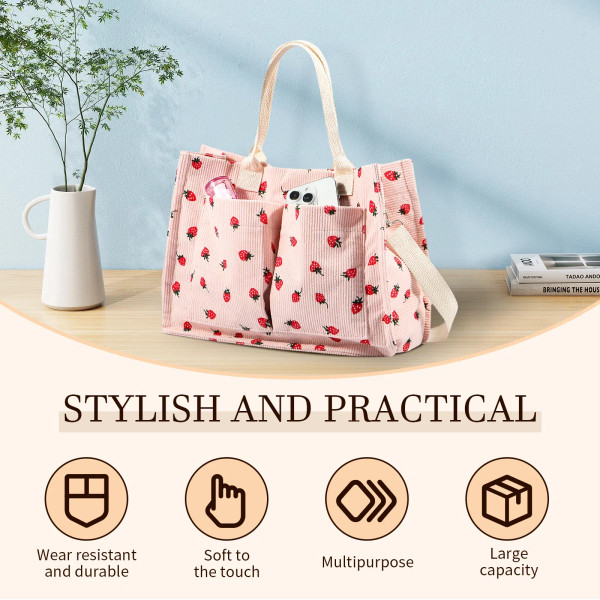 Color: Beige - Tote Bag Cute Strawberry Patched Purse for Women Fabric Large Capacity Tote Purse En F640-12000042286606606