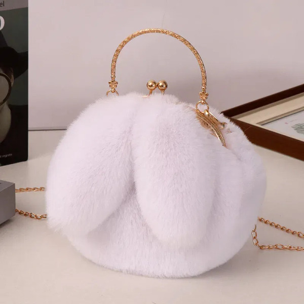 Color: Ivory - Adorable Rabbit Ears Fluffy Crossbody Bag Women Stylish Chain Shoulder Handbag New F640-12000051755126126