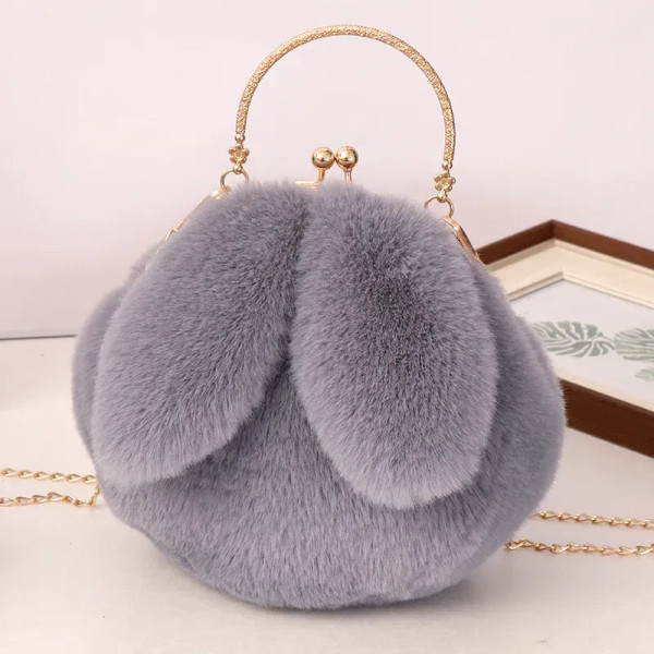 Color: Ivory - Adorable Rabbit Ears Fluffy Crossbody Bag Women Stylish Chain Shoulder Handbag New F640-12000051755126126