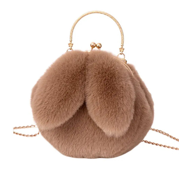 Color: Ivory - Adorable Rabbit Ears Fluffy Crossbody Bag Women Stylish Chain Shoulder Handbag New F640-12000051755126126