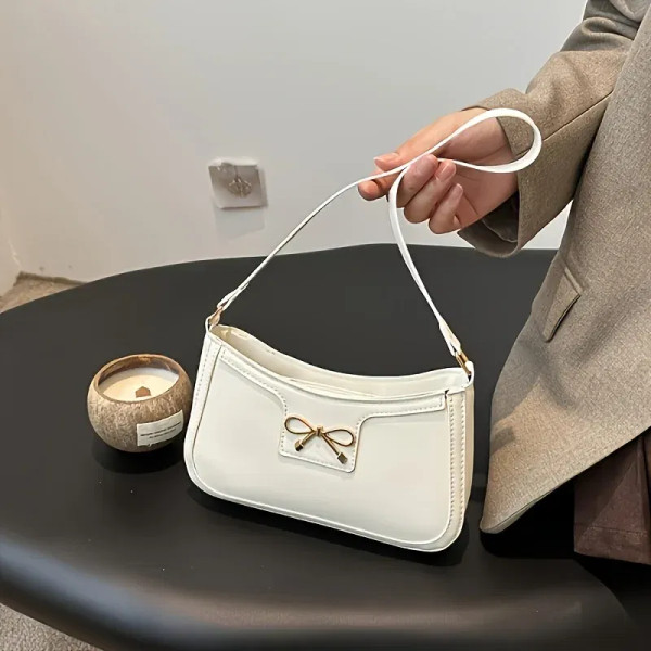 Color: Coffee - Solid Color Bowknot Shoulder Bag, Elegant Small Square Bag, Suitable for Women Hand F640-12000046010948660