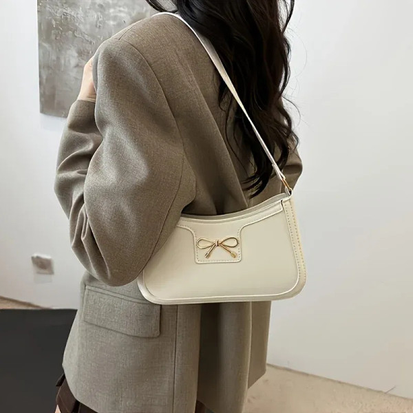 Color: WHITE - Solid Color Bowknot Shoulder Bag, Elegant Small Square Bag, Suitable for Women Handb F640-12000046010948662