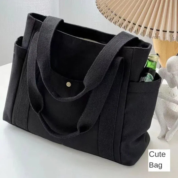 Color: Blue, Size: M - Large Capacity Canvas Solid Letter Tote Bag Versatile Handbag for Commuter W F640-12000040087758003