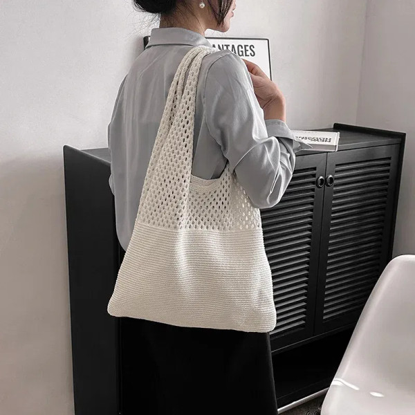 Color: Blue - Summer Beach Party Bag Purse Shopper Tote Satchel Female Vintage Hollowed Out Knitted F640-12000040387496314